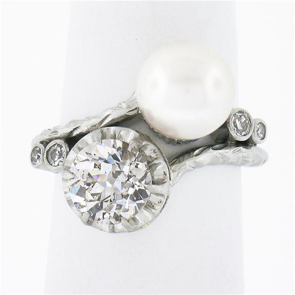 Antique Platinum 1.50 ctw GIA European Diamond Cultured Pearl Textured Bypass Ri