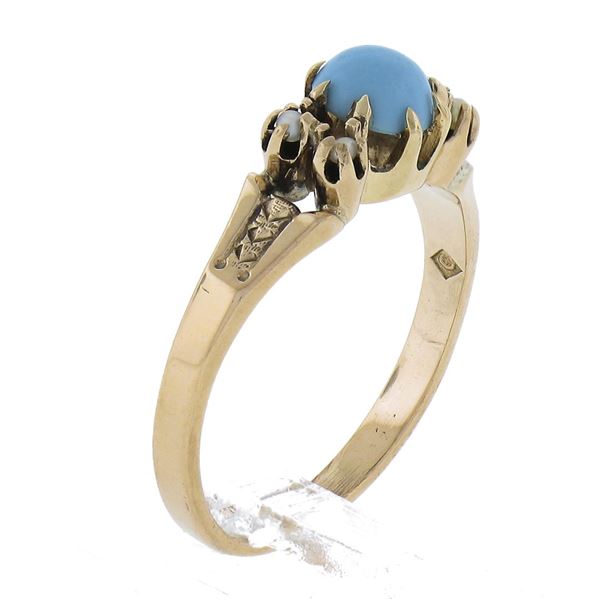 Antique Victorian 9k Rose Gold 5mm Round Cabochon Turquoise w/ Seed Pearls Ring