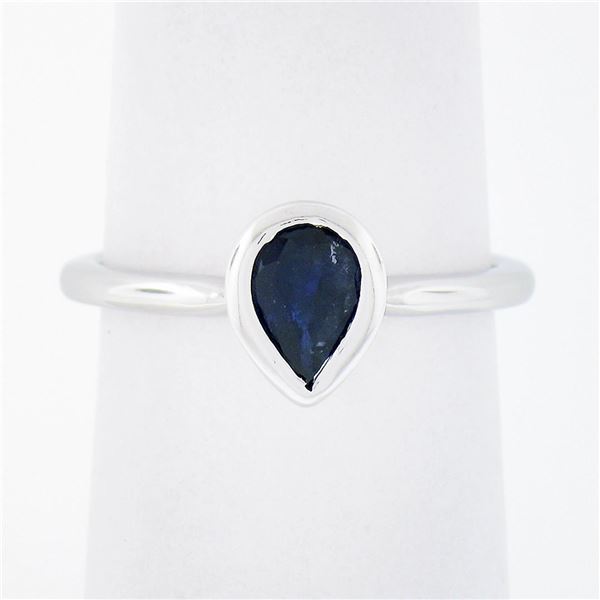 Simple Petite 14k White Gold 0.70 ctw Bezel Pear Dark Blue Sapphire Solitaire Ri