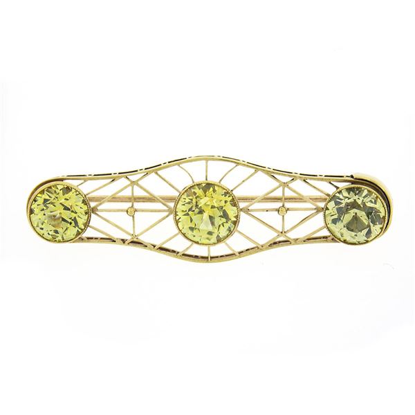 Antique 14k Gold 9.50 ctw GIA Greenish Yellow Sapphire Mosaic Open Work Pin Broo