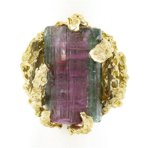 Vintage 14k Gold Uncut Watermelon Tourmaline Open Freeform Nugget Textured Ring