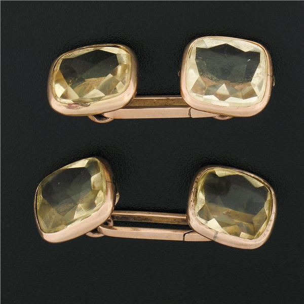 Mens Antique 10K Yellow Gold Dual Sided Bezel Cushion Lemon Quartz Cuff Links