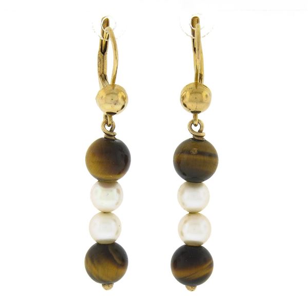 Vintage 10K Yellow Gold 7mm Round Bead Tiger's Eye & Pearls Drop Dangle Earrings