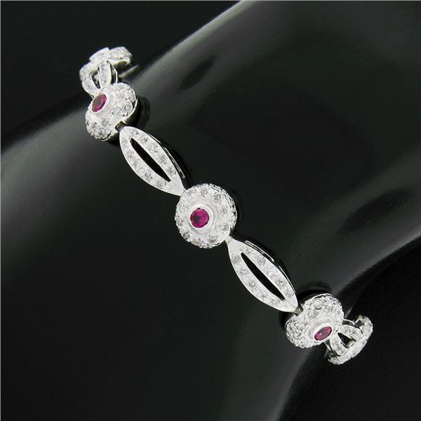 18k White Gold 6.75  Natural Diamond & Lab Grown Ruby Open Link Tennis Bracelet