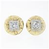 Unique Vintage 14k TT Gold 0.94 ctw Diamond Domed Grooved Button Stud Earrings