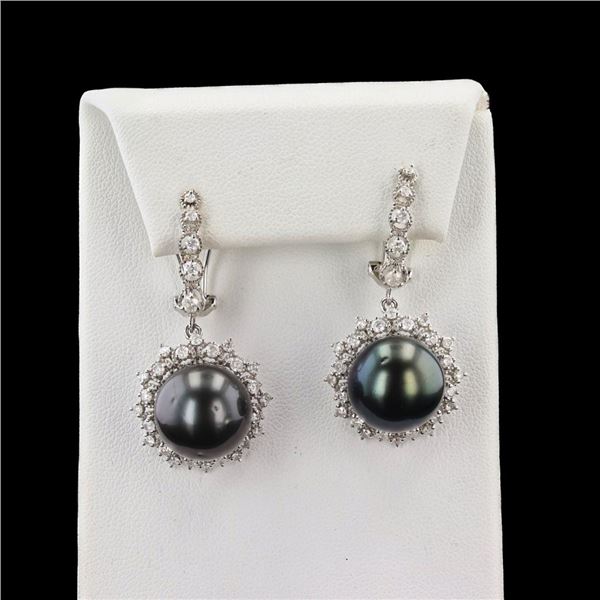 13MM Tahitian South Sea Cultured Pearl and 1.64 ctw Diamond 14K White Gold Dangl