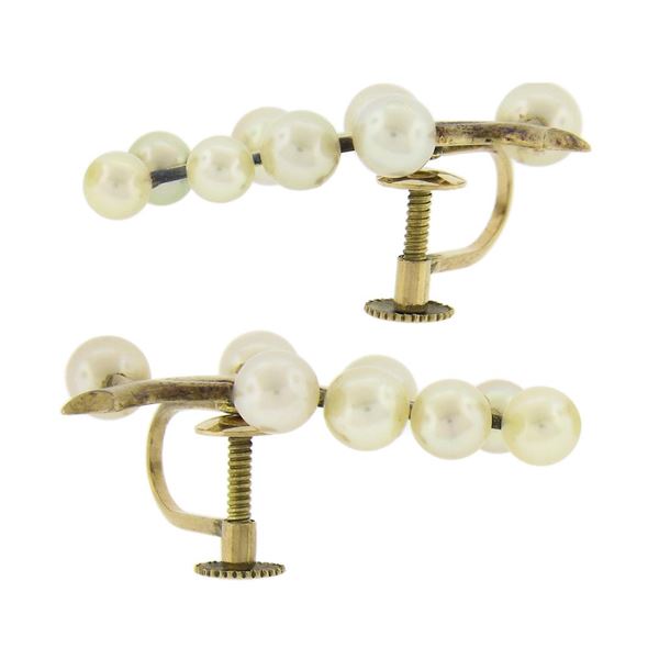 Vintage Retro 14K Gold Cultured Pearl Leaf Branch Climber Screw Back Earrings