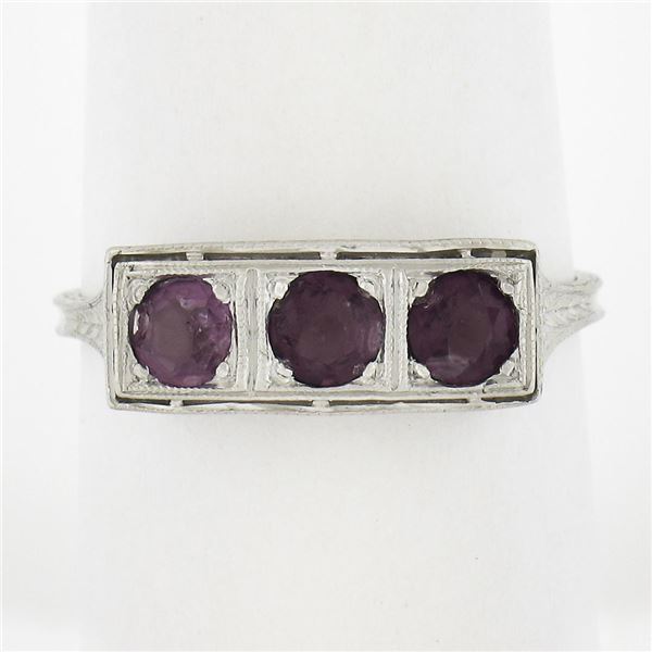 Antique Edwardian Platinum Rhodolite Garnets Filigree Wheat Work 3 Stones Ring