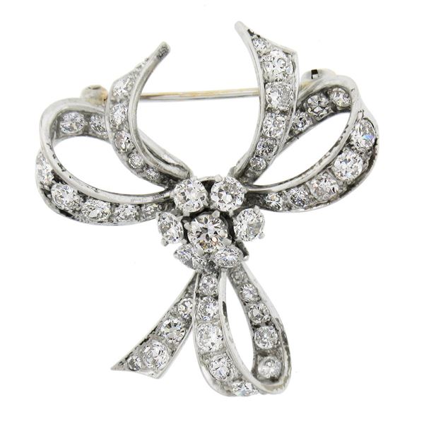 Vintage Solid Platinum 1.95 ctw Old Cut Diamond Ribbon Bow Flower Pin Brooch