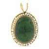 Vintage 14k Gold Oval Cabochon Jade & Seed Pearl Halo Twisted Wire Frame Pendant