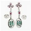 Image 5 : 18K White Gold 4.15 ctw Cabochon Emerald w/ Ruby Diamond Halo Drop Dangle Earrin