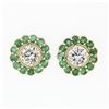 New 14k Yellow Gold 1.33 ctw Diamond Emerald Halo Milgrain Flower Cluster Earrin