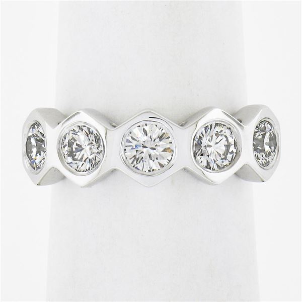 New Platinum 1.32 ctw Round Burnish Set Diamond Stackable Hexagon Shape Band Rin