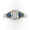 Antique Art Deco 18k White Gold .22 ctw Round Diamond Shield Sapphire 3 Stone Ri