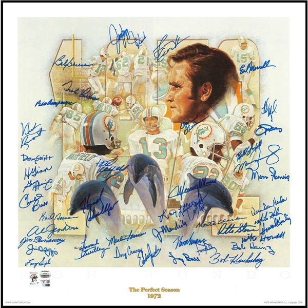 1972 Miami Dolphins Perfect Season Team Autographed 24x24 Lithograph Photo - FANATICS COA