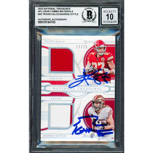 2022 NATIONAL TREASURES NFL GEAR COMBO MATERIALS TRAVIS KELCE/ GEORGE KITTLE DUAL SIGNED BECEKTT 10