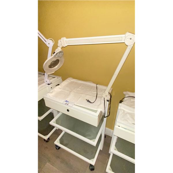 WHITE 3 TIER SINGLE DRAWER COMMERCIAL MOBILE ESTHETICIANS CART WITH ILLUMINATED MAGNIFYING LAMP