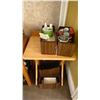 Image 2 : GREY DESIGNER ARMCHAIR WITH THROW CUSHIONS, NATURAL WOOD SIDE TABLE, 4 WOODEN FOLDING TABLES, WASTE