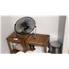 Image 1 : 2 NATURAL WOOD SIDE TABLES, TEAK BENCH THROW PILLOW, ELECTRIC FLOOR FAN, & WASTE RECEPTACLE