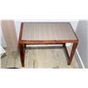 Image 2 : 2 NATURAL WOOD SIDE TABLES, TEAK BENCH THROW PILLOW, ELECTRIC FLOOR FAN, & WASTE RECEPTACLE