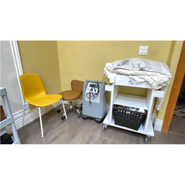WHITE COMMERCIAL MOBILE SPA CART WITH MASSAGE BED HEATING PAD, SPA ITEMS, CHAIRS, & NATURE TECH