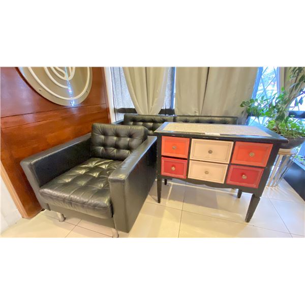 BLACK LEATHER COUCH & ARMCHAIR WITH 6 DRAWER HALLWAY TABLE