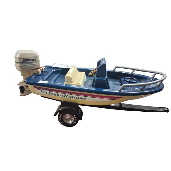 Hard to find 1980s Nylint trailer and boat, battery op motor, approx 13" long