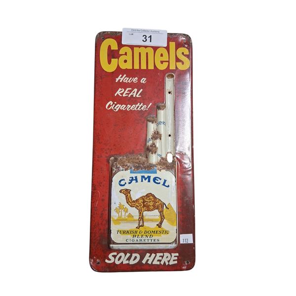 Vintage Camel embossed metal thermometer 13"x6", no glass