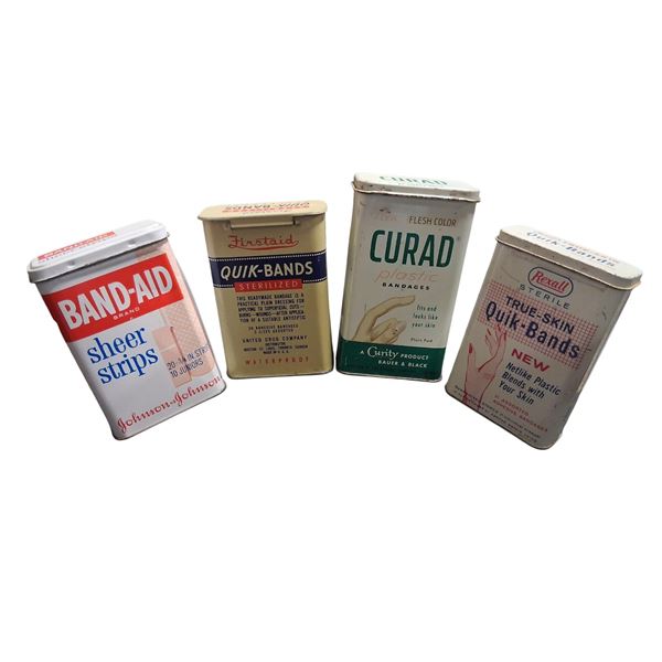 4 vintage metal Band Aid cans approx 3.5"
