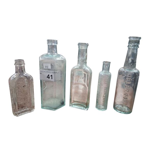 5 1920s medicine bottles embossed each approx 5-7"