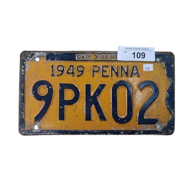 Vintage 1949 Penn license plate