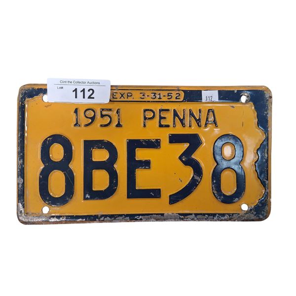 Vintage 1951 Penn license plate