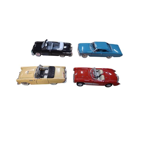 4 die cast cars, 1951 Ford conv coupe, 1964 Ford Galaxie, 1957 Corvette, Ford T-Bird, longest is 6"