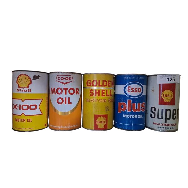 5 vintage oil tins, Esso, Shell, Co-op