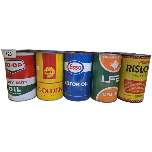 5 vintage oil tins, Co-op, Shell, Esso, LFA, Rislone