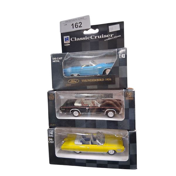 3 1:43 scale die-cast collector cars, 56 T-Bird, 66 Pontiac, 64 Turbine