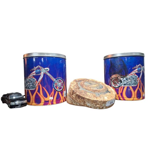 2 Orange County Chopper tins (large), 2 Chev hubcaps & 1:24 die cast 99 Silverado