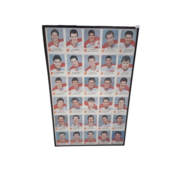 Collection of uncut hockey cards, 80s Calgary Flames, framed 22"x13"