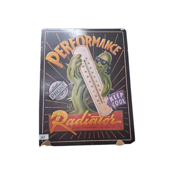 Vintage Performance Radiator metal thermometer sign, therm works, 26"x20"