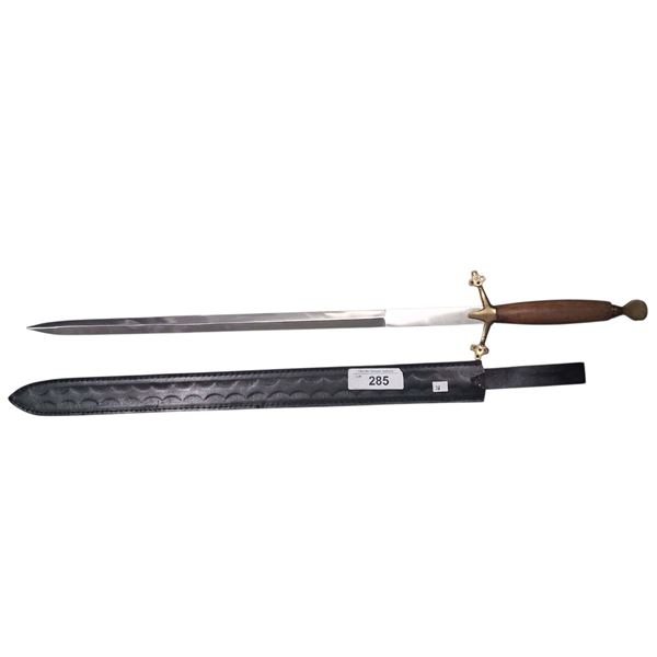 Vintage short sword with wooden handle & leather sheath 30" long