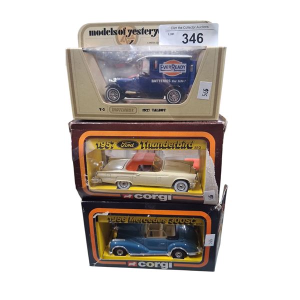 Die cast cars including 57 Thunderbird, 56 Mercedes, 27 Talbot