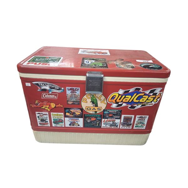 1970s red Coleman cooler "Pawless Wiring" decals