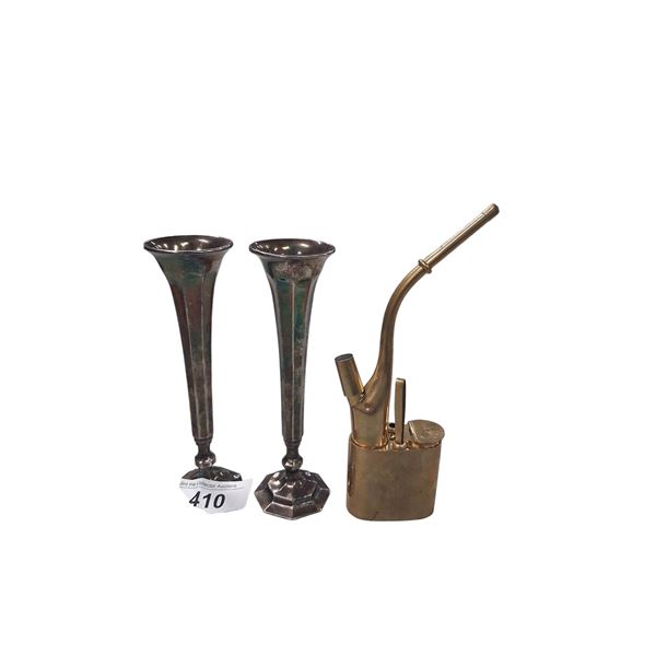 2 brass candlesticks & brass pipe cleaner
