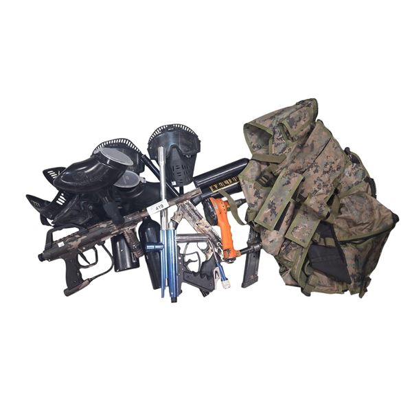 Large collection of paintball equipment including guns, masks, tanks, etc.