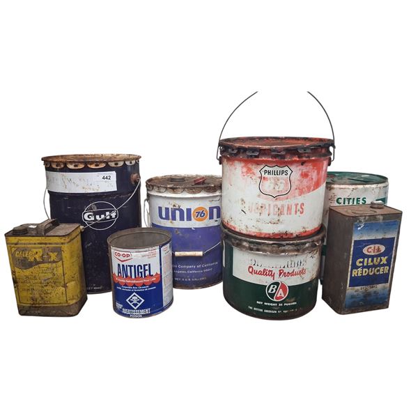 8 vintage gas and oil pails, B/A, Gulf, Union, CIL, Caled,Phillips