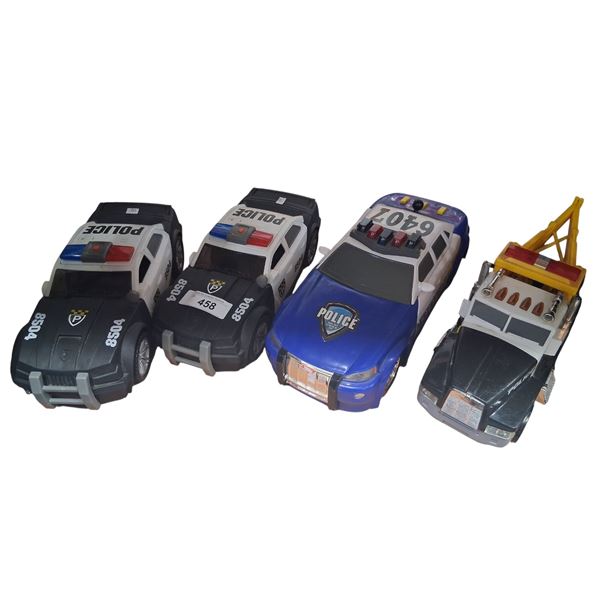 4 large Tonka police cars and tow truck. Working lights and sound, 13" each