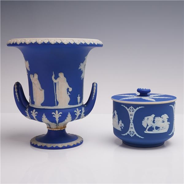 2pc Wedgwood Blue Jasperware Vase and Jar