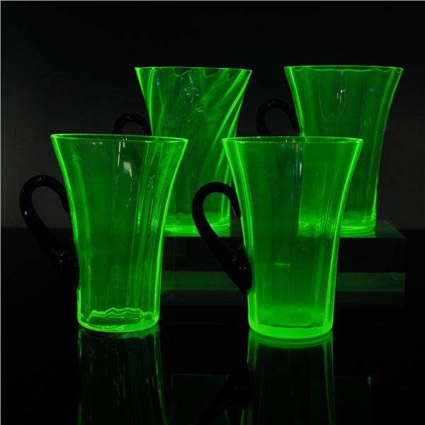 4pc Fenton Vaseline Glass Mugs with Cobalt Blue Handles