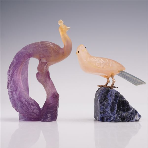 2pc Daum Crystal Amethyst Peacock plus Carved Stone Bird Figurines