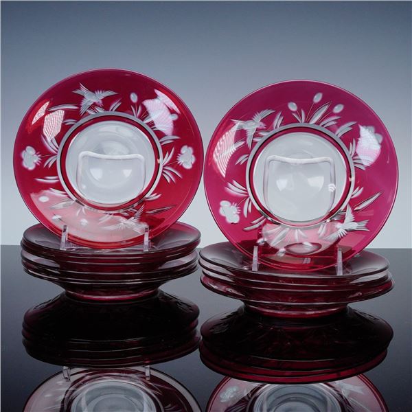 12pc Cranberry Flashed Floral Dessert Plates